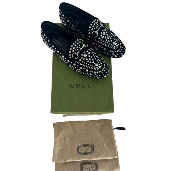 Gucci Jordaan Black Suede Loafers With Crystal Appliqué - Picture 3 of 16
